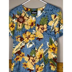 Positive Influence Dress Linen Blue Floral Sheath Pencil Button Midi Vtg Women 6